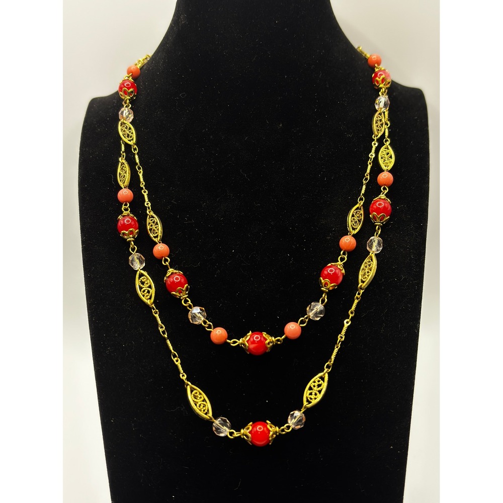 Sonoma Life Style Red Coral Gold Tone Double Strand Beaded Necklace 17 Inch